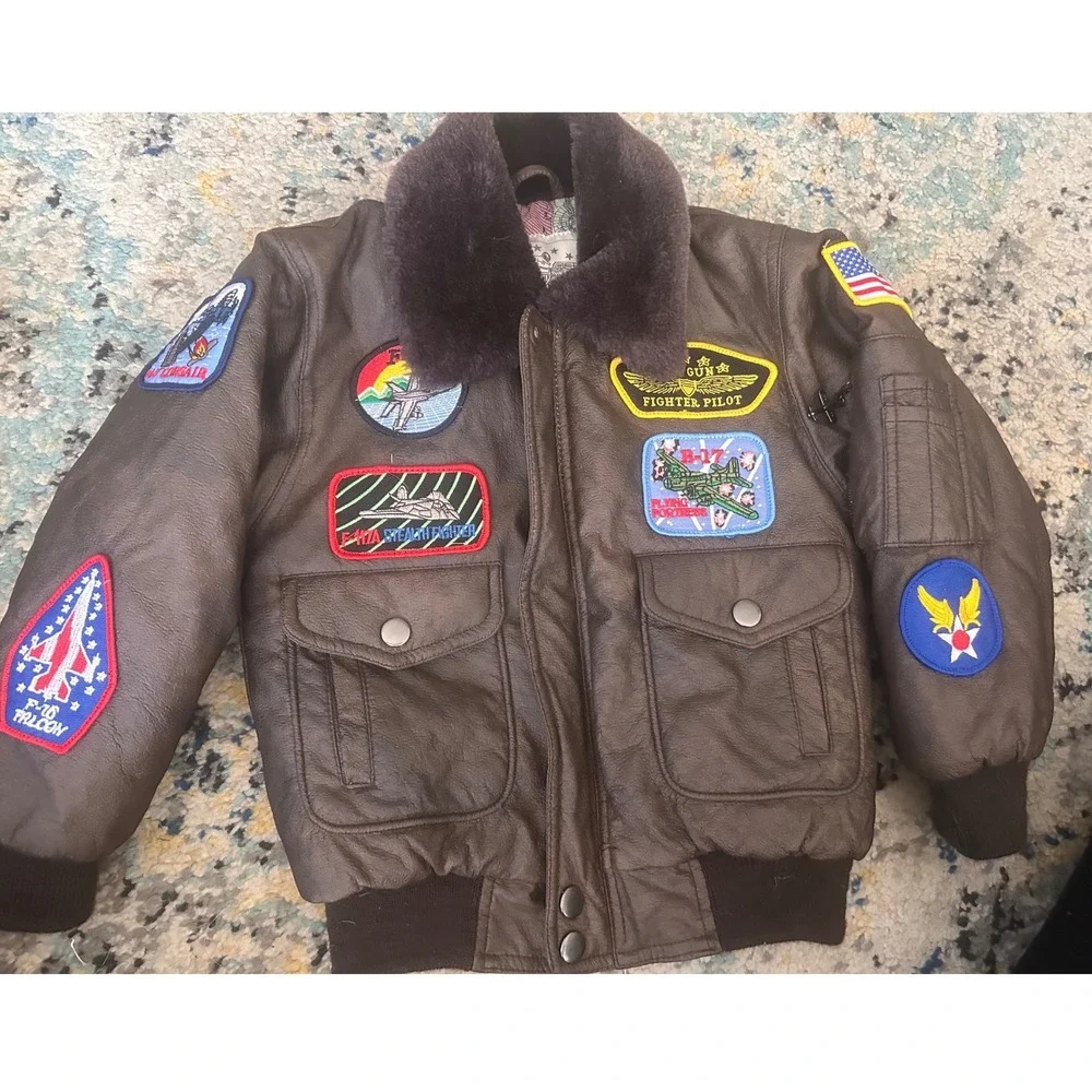 Business Innovations Kids WWII Style Bomber Jacket Brown Faux Leather Small 2/4